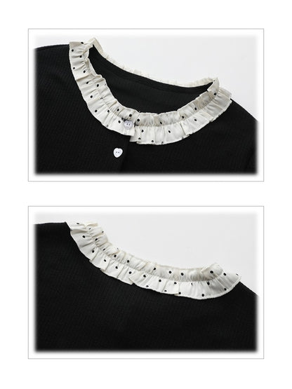 Plus Dot Buttons Cardigan with Polka Size Heart Trim Black Ruffle
