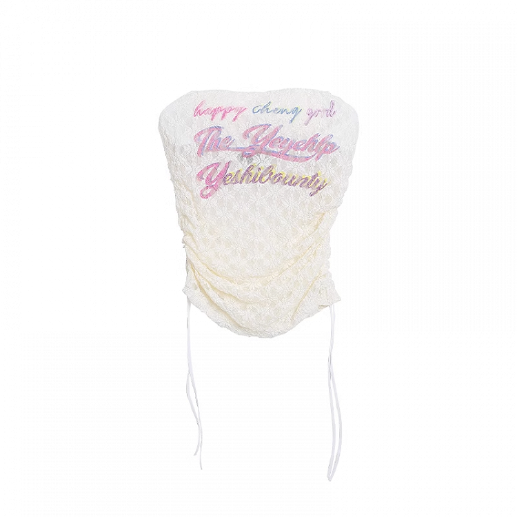 アプリコットドローストリングサイドストラップレストッププリントレースクロップドレター