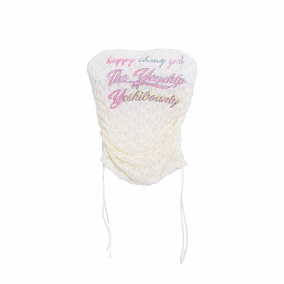 アプリコットドローストリングサイドストラップレストッププリントレースクロップドレター