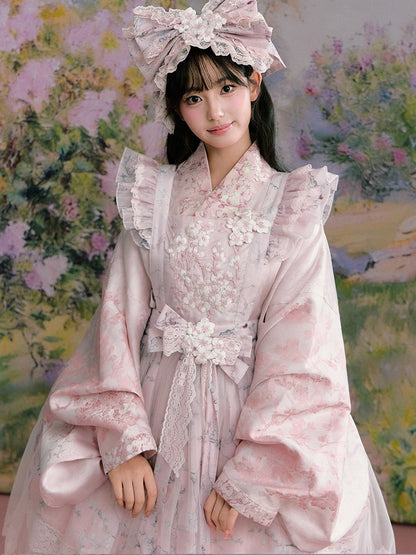 Pink Hanfu-Inspired Satin Long Sleeve Top with Floral Print - Yimu Walnut