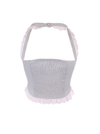 Denim-Blue Floral Lace-Trim Halter Top With Bow Accent