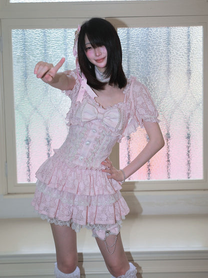 Pink Jacquard Tiered Skirt with Lace and Garter - HBreaker