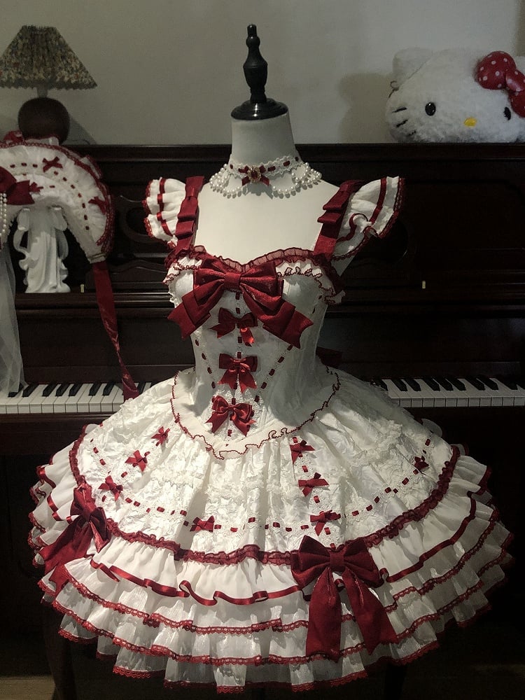 Rüschen Akzente Rock Weiß Schleife Pullover Tiered Prinzessin Rot Lolita