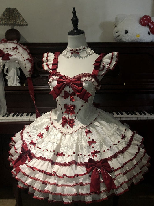 フリルアクセントスカート ホワイトリボンジャンパー ティアード プリンセス レッド ロリータ