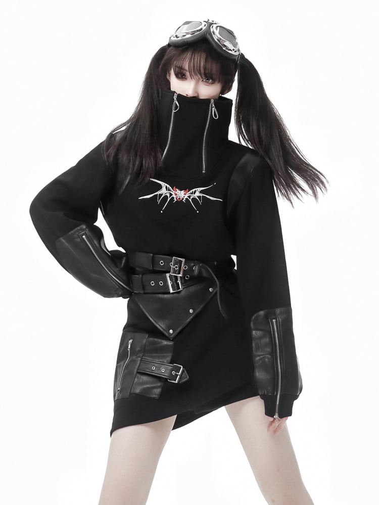 Schwarzer Gothic Asymmetrischer Rock mit Taillengürtel