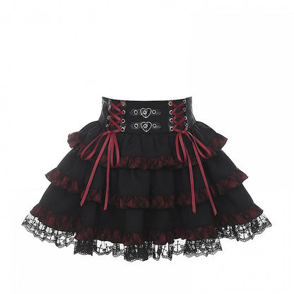Black & Red Plaid Tiered Skirt with Lace Trim - Puppet Bombs