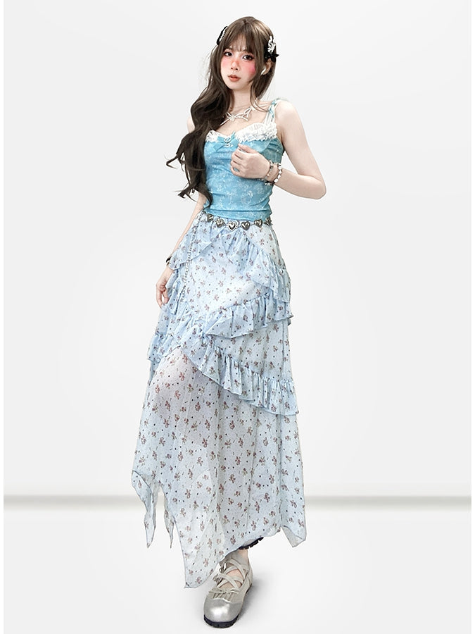 Top Holiday Trim Floral Bowknot + Details Cami Ruffles Blue