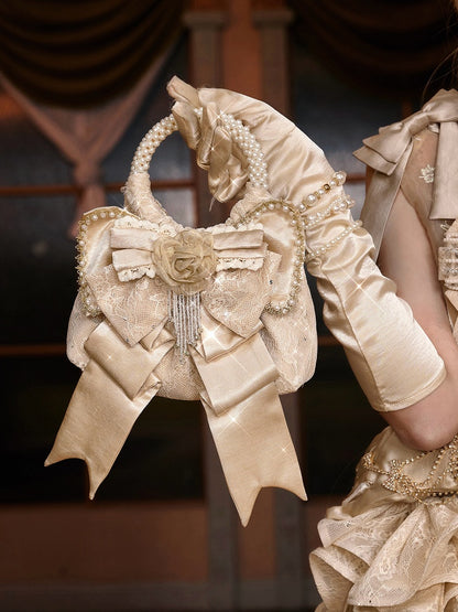 Cream Accent Satin with Bow Pearl Handbag Elegant Handle