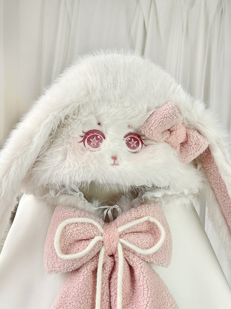 Plush Hooded Lace Oversized with Bunny Bows Winter and Pink White Ears Cape Trim