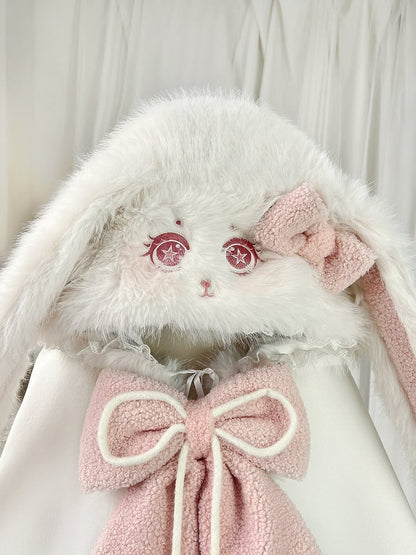 Plush Hooded Lace Oversized with Bunny Bows Winter and Pink White Ears Cape Trim