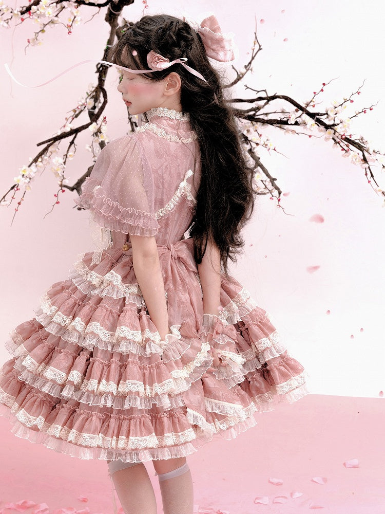 Süßes Lolita-Kleid mit Rüschenstickerei und rosa Spitze und Goldfischdetails