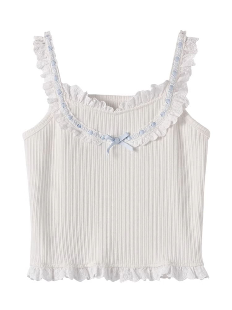 リボン結びのブルーコントラストホワイトフリルレーストリムのスイートノースリーブトップス