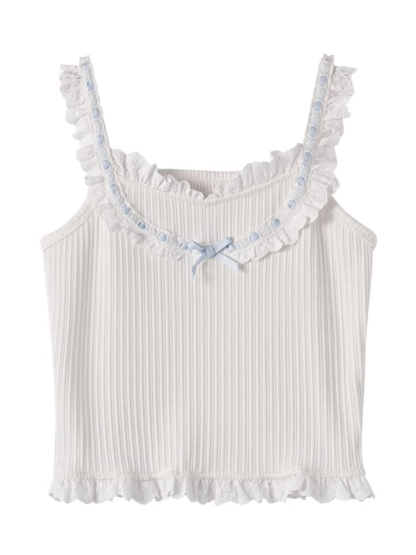 リボン結びのブルーコントラストホワイトフリルレーストリムのスイートノースリーブトップス