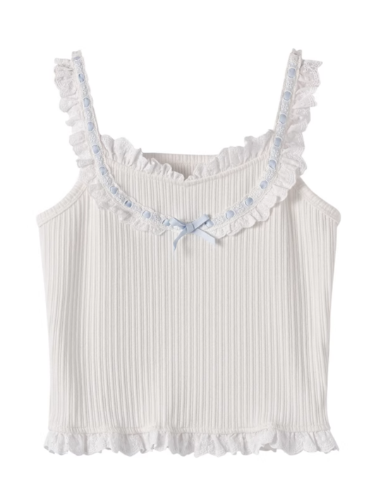 リボン結びのブルーコントラストホワイトフリルレーストリムのスイートノースリーブトップス