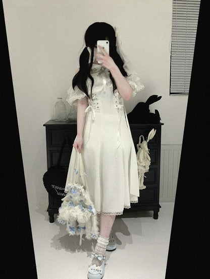 Off-Shoulder Jacquard Dress with Bow Accents, Peter Pan Collar, 4 Colorways - Kitty Bxllet