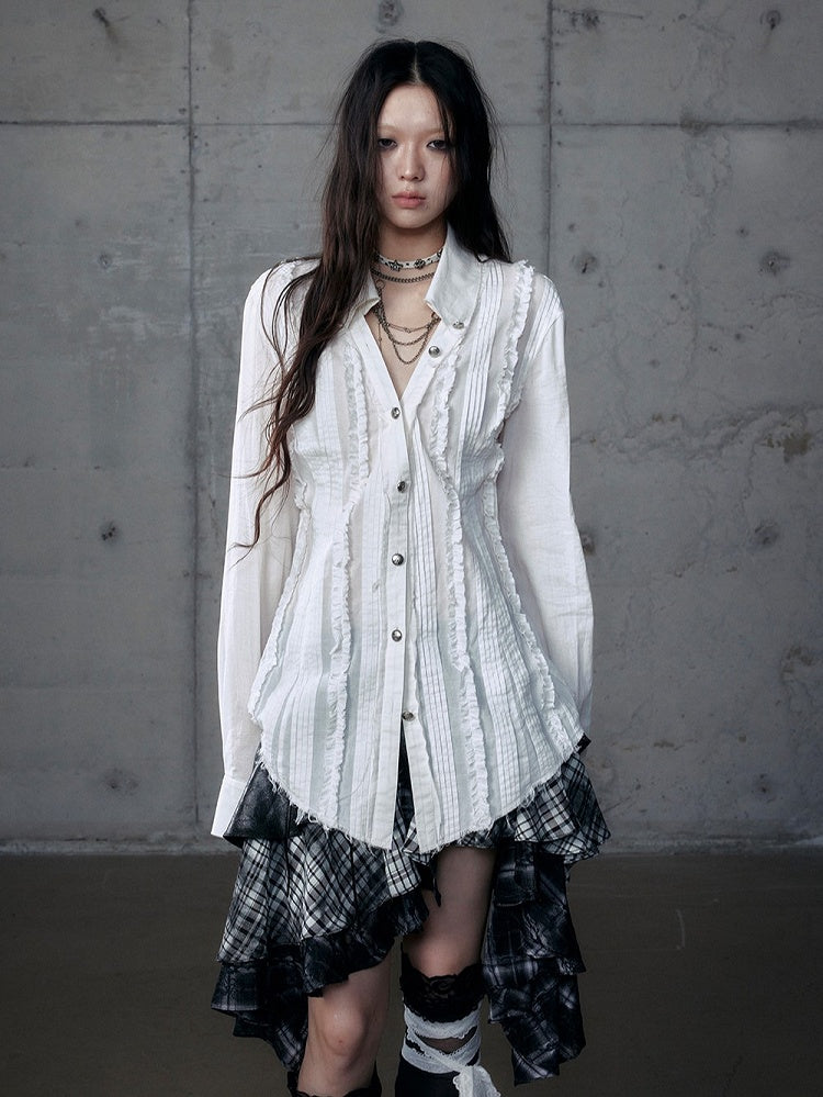 Pleats White Wasteland Blouse Punk Pintuck Distressed with V-Neck