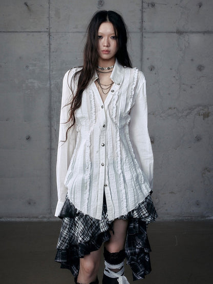 Pleats White Wasteland Blouse Punk Pintuck Distressed with V-Neck