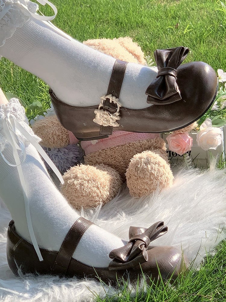 Cat Bow Lolita at Top Brown Sweet Toe in Round Shoes Low-heel Decor Clasp