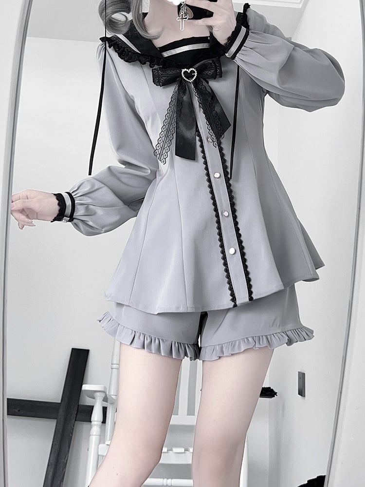 Lilafarbenes Design, Ohren, Krawatte, Jirai-Minikleid + Shorts-Set mit Rüschensaum + Schleife, Dusty Kei, Seemannskragen, Hase