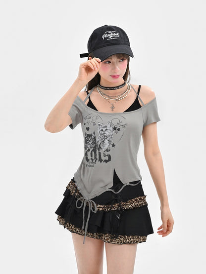 Two-pieces Hem Y2K Grey Cutout Shoulder Cat Print Drawstring T-Shirt Faux