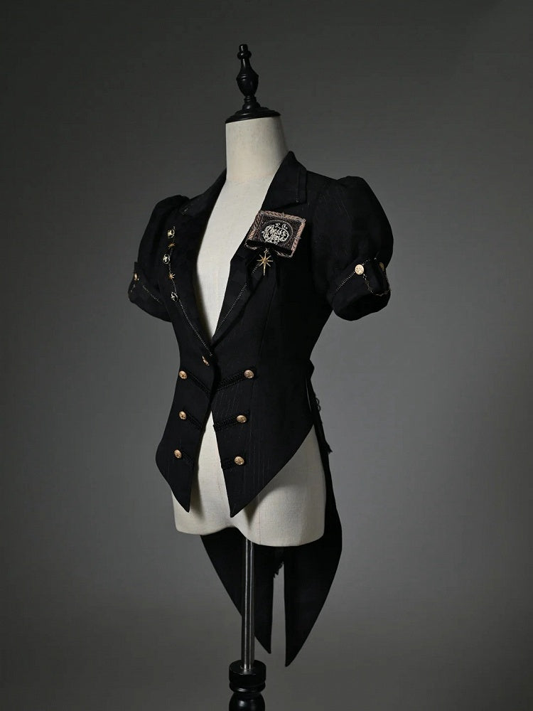 Black Blazer Collar Short Puff Sleeve Split-Tail Top