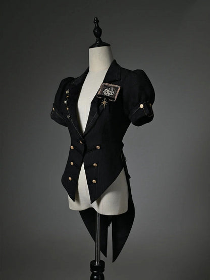 Black Blazer Collar Short Puff Sleeve Split-Tail Top