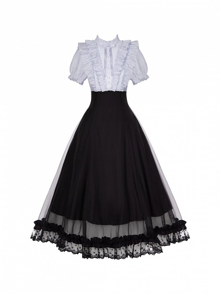 Gray Ruffled Blouse & Black Long Skirt Fake Two Pieces Lolita Dress - With PUJI