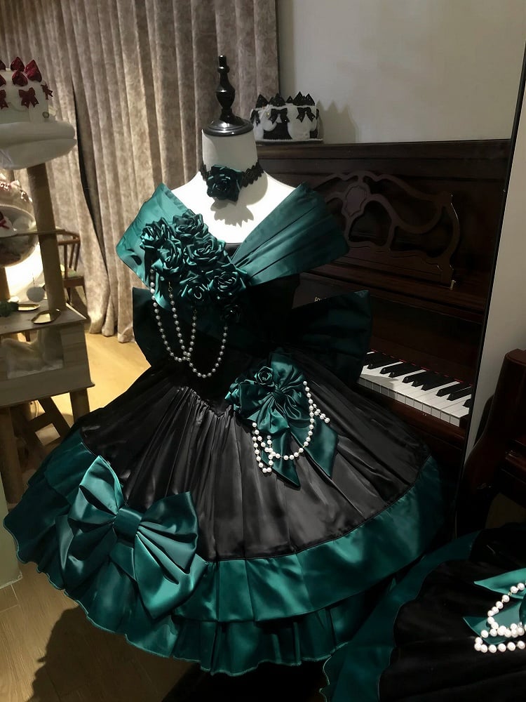 Green Black Off-Shoulder Boned Lolita Gown - Treasure Box Factory