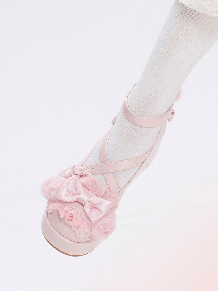 Plateauschuhe mit Plüschschleife und verzierten Pompon-Ohren, kreuz und quer verlaufendes rosa Häschen-Top-Design