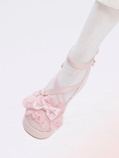 Plush Bow Platforms With at Decorated Pompon Ear Crisscross Pink Bunny Top Design