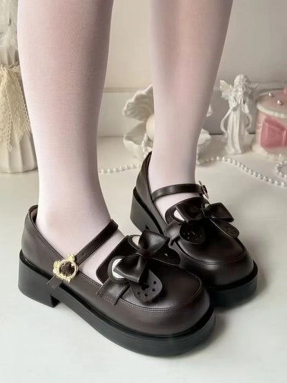 in Style Bear-shaped PU Preppy Bear and Ear Fastener Matte Shoes Removable Bow Brown Mid-heel Leather