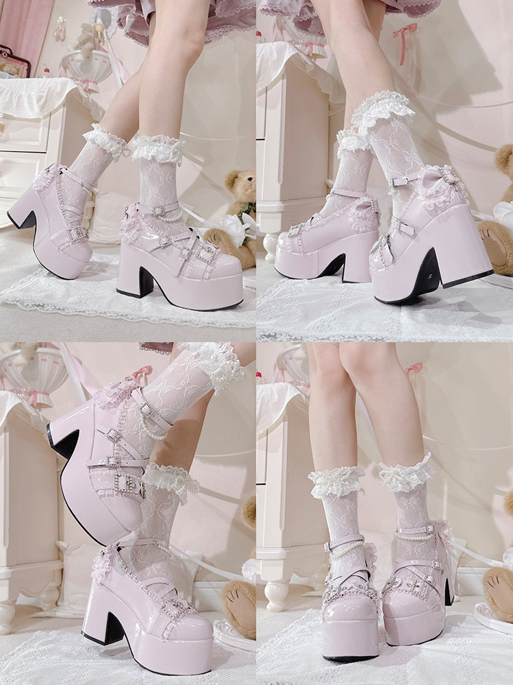 Pink - Beaded Block Platform Kei Polished Jirai Chain Heels High