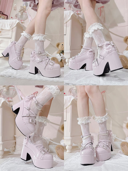 Pink - Beaded Block Platform Kei Polished Jirai Chain Heels High