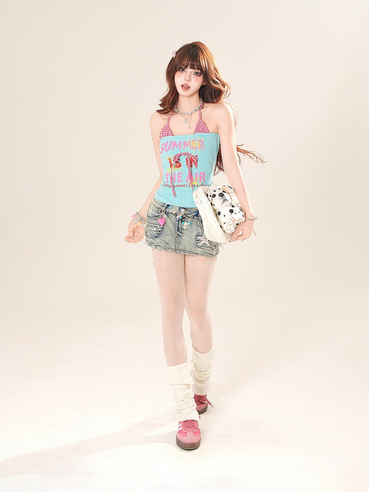 グリーン/ブラウンレタープリントフェイクツーピースホルターネックトップ