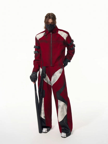 Design Leather Wide-leg Panel Pants Men's Red with