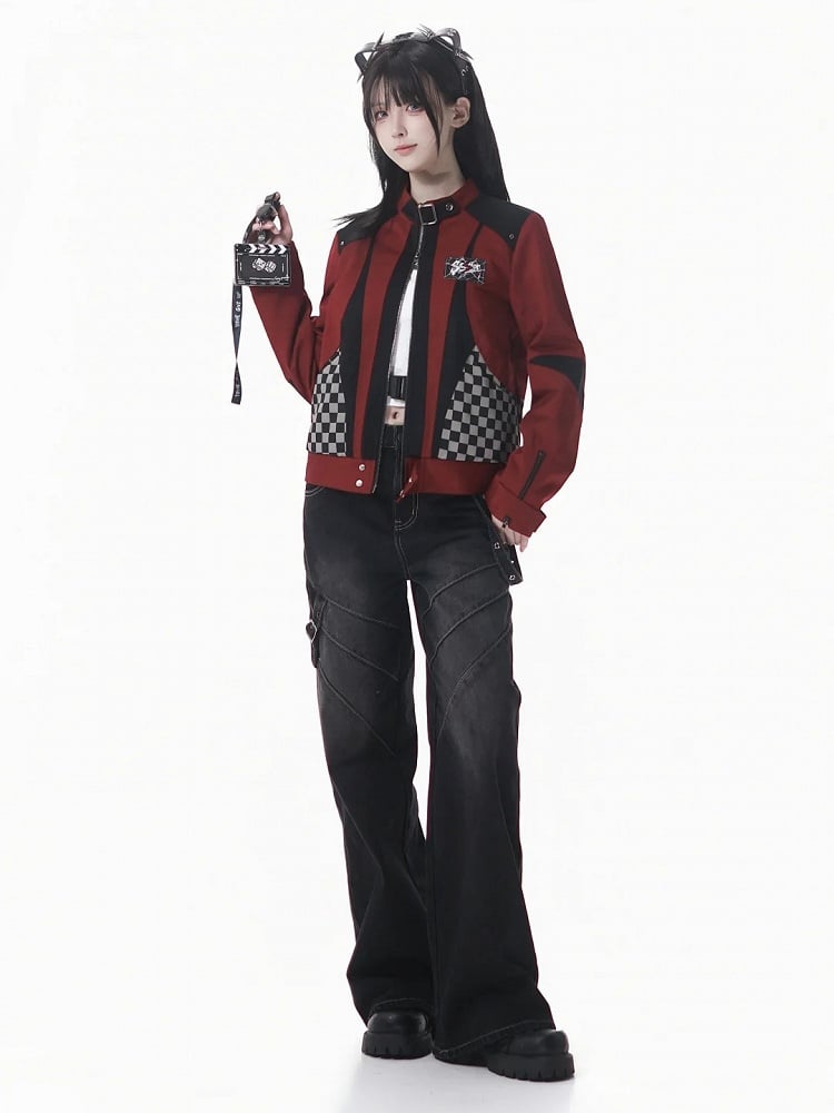 Futuristic Zipper Checked Red with Colorblock Black Jacket Inverted Techwear Motor