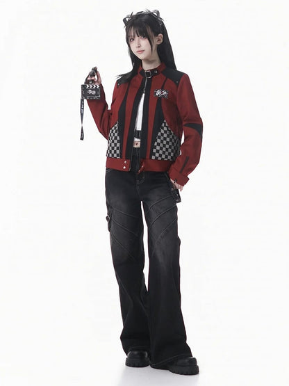 Futuristic Zipper Checked Red with Colorblock Black Jacket Inverted Techwear Motor