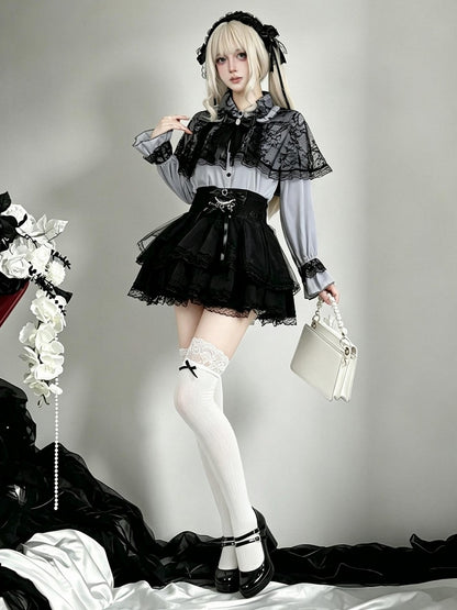 Midnight Blue Lace-Cape Blouse with Long Sleeves - AMAHAKAWA