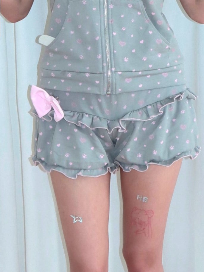 Kawaii Print Elastic Bow Light Waist with Gray Ruffled Paw Detachable Bloomers Cat