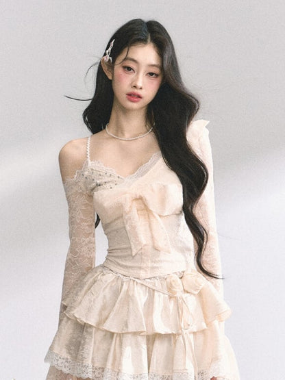 ショルダーアプリコットVネックカットアウトビッグボウフロントトップ