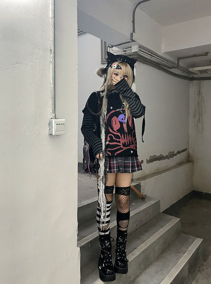 Punkrock-Zweiteiler und Top aus schwarzer Skelett-Baumwolle mit Sternendruck