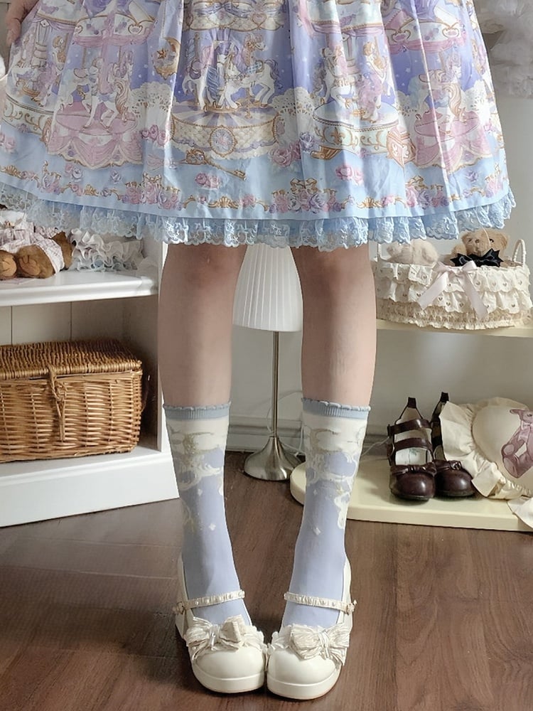 Calf Moon Socks Pattern Star Black/Pink/Blue And