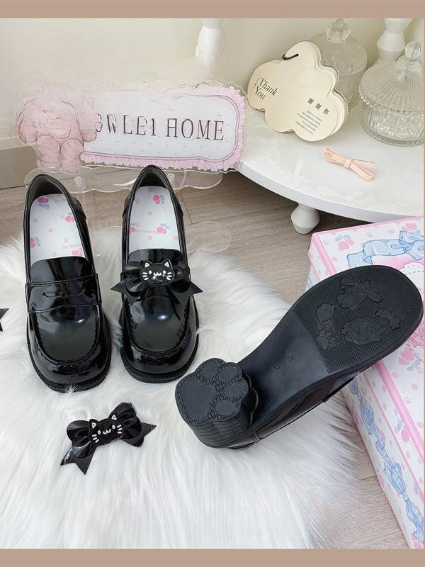 PU with Mid-heel Detachable JK Bow Kitty Shoes Accent Design Black