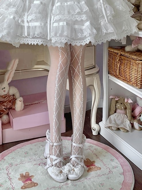 Banded Tights Crisscorss White Sweet Lolita Print