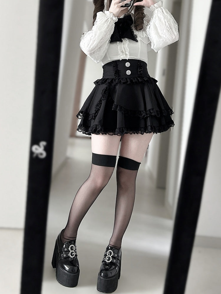 Illusion Neckline Blouse with Bead Details and Rhinestone Buttons Jirai Kei White