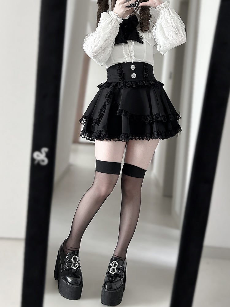 Tiered Design Detail Skirt Jirai and Layered Kei Black Lace Bow Trim with
