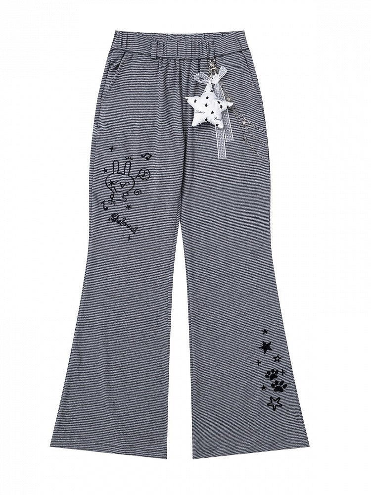 Embroidered Gray Striped Flared Pants with Star Charm