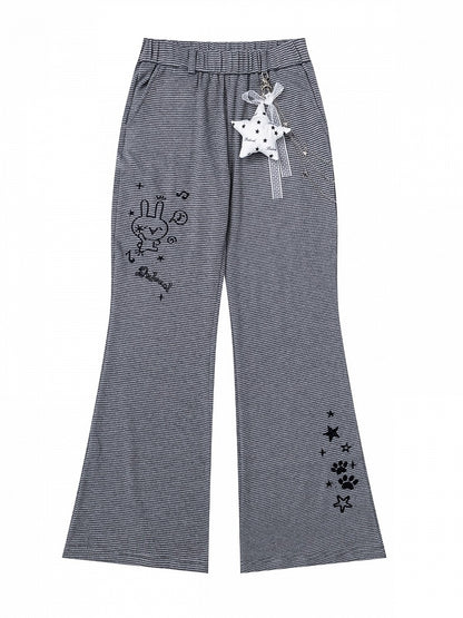 Embroidered Gray Striped Flared Pants with Star Charm