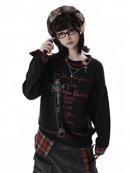 Y2K Black Sweater Print Plaid Distressed Red with Cross Cuffs