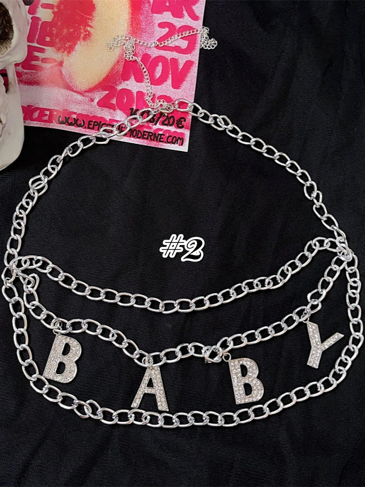 レターラインストーンデザインパンクウエストチェーン